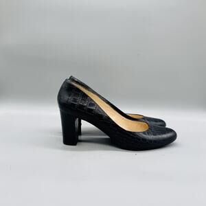 LK Bennett Shoes Womens 8 Black Croc Leather Block Heel Pumps Round Toe Slip On